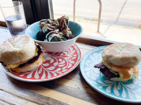 Breakfast Sandwich with Smashed Potatoes.