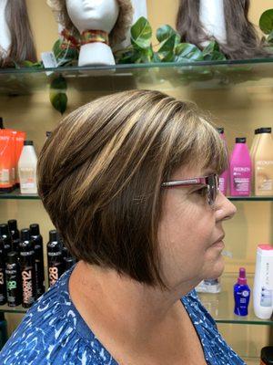 Beautiful Deep Brown with Golden Highlights with a Twist of diagonal forward haircut  Amazing!!!!!