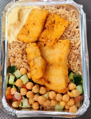 Fish over rice, with salad, chick peas, and hummus. Nice tender, crispy fish. Delicious rice.