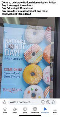 In National donut Day buy1dozen get 1 donuts free