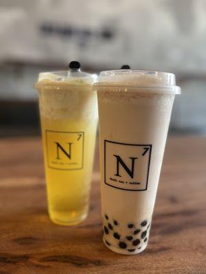 Jasmine green tea with crema & rose petal milk tea