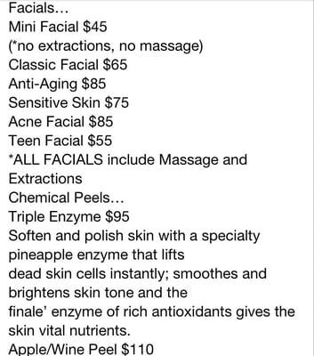 Facial/chemical peels *menu subject to change