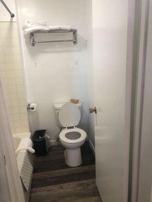 Shower and toilet in bathroom.