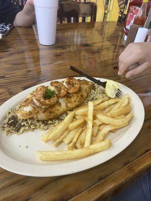 Grilled shrimp, fish with dirty rice