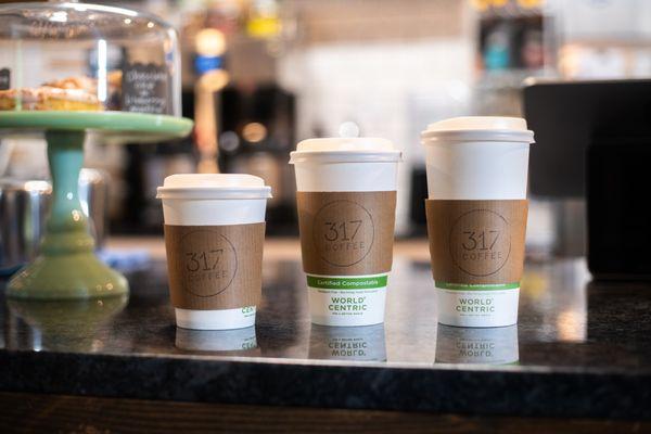 We serve hot, delicious coffee and espresso drinks in 3 sizes - 12 oz, 16 oz, or 20 oz.