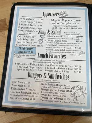 Appetizers, Soup & Salad, Lunch, and Burger Menu