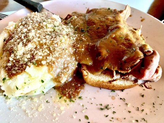 House, roasted roast beef sandwich, sliced, thin on a roll, with a mountain of homemade mashed potatoes