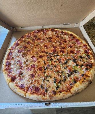 Giant 28" meat lovers and 4 slices of veggie pizza $40.90  (tax included):  cheesy goodness, 8/10.