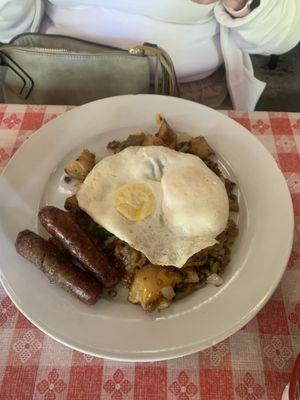 Sausage, eggs, and hashbrowns.