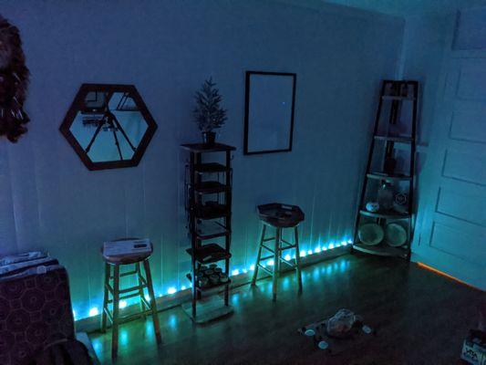 Evening meditation room feel with illuminated fluorite crystals.