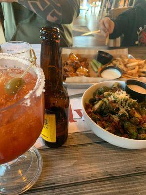 Brussel Sprouts and Bacon, Michelada, Chicken Wings and Fries