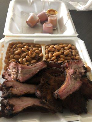 Ribs and brisket platter with double order of beans.