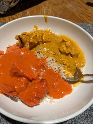 Butter chicken, chicken Tikka, rice