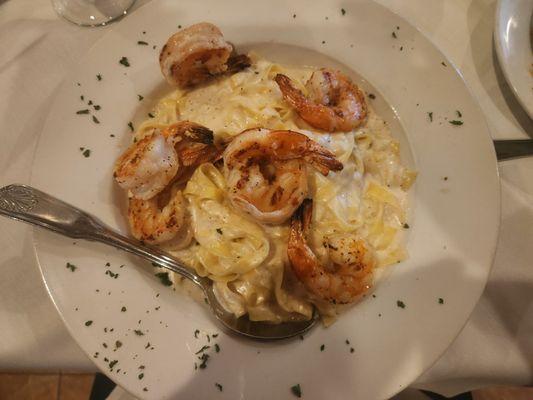 Fettuccine Alfredo with shrimp.