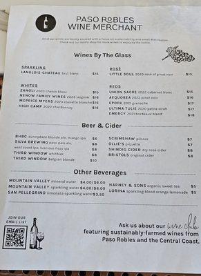 drink menu as of May 2024