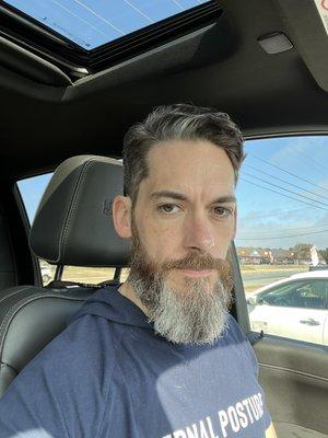 Hair and beard trim.