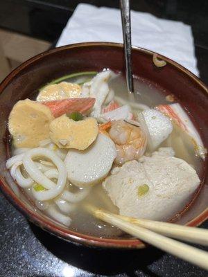 Udon Noodle Soup with Seafood And Pork Tenderion