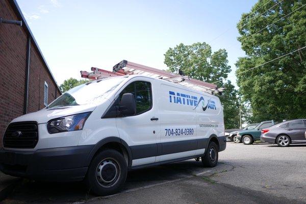 One of service vans, stocked, and ready to solve your heating and air needs!