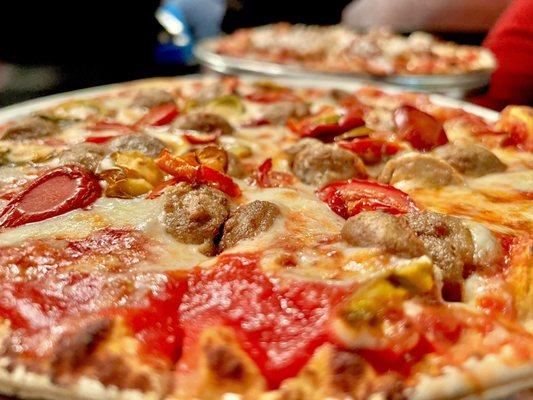 Thin Crust Pizza with Mini Meatballs and Cherry Peppers