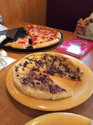 Pepperoni stuffed crust pizza and chocolate chip dessert pizza