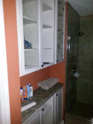 Transformed A Completely White Bathroom Into A Modern Bathroom (Cabinets Installed In A Cubby In Master Bathroom