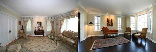 The before photo is very taste specific.  We used furniture that the client had in their den, removed the window dressings an...