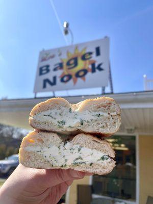 Everything bagel with scallion cream cheese