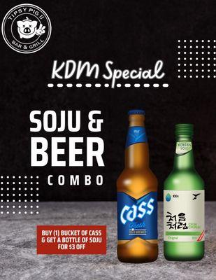 Buy a bucket of Cass beer and get a bottle of Soju for $3 off