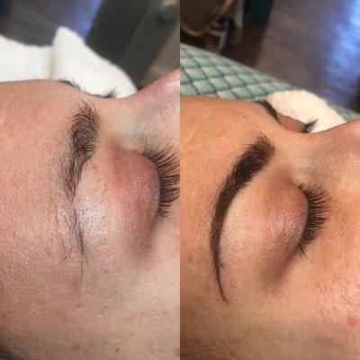 Before and after pic. Ombré powder brows. Permanent makeup