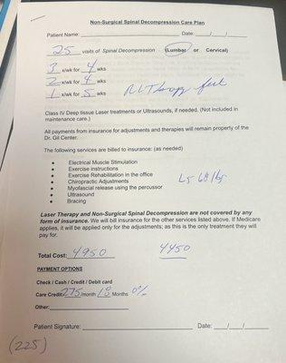 Pricing sheet. $4950 for care credit, $4450 for pay up front credit card and $225 bottom left paying per visit. LIES!