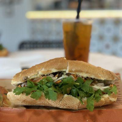 The Notre Dame- grilled chicken Banh Mi and Mango Fruit Tea with rainbow lychee jelly.