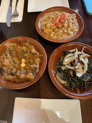 Mousakka, Foul Bayroot Style, and dandelion greens! Great trio of flavors!