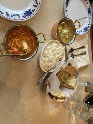 Butter chicken and veggie curry. Garlic butter bread.