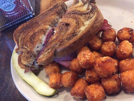 Rueben Melt (including sautéed onions & peppers) with SWEET POTATO TOTS!