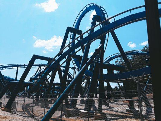 A slightly different angle of the second half of the ride, including both flatspin/corkscrews and vertical loop #2