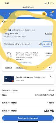 A screenshot from Walmart showing the price of the faucet for $86