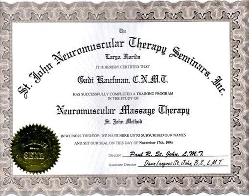 Gadi Kaufman, certificate of Neuromuscular Therapy