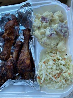 Smoked delicious chicken legs, potato salad and Coleslaw. Yum!!!