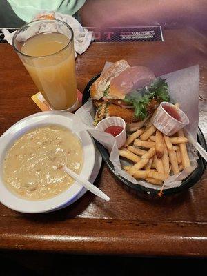 Crab cake, fries and New England clam chowder