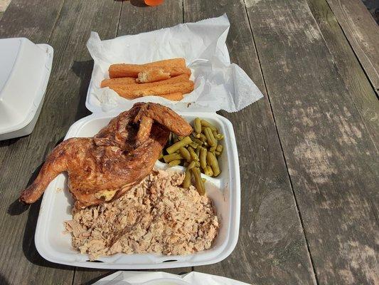 Hush puppies, chicken, green beans, chopped pork