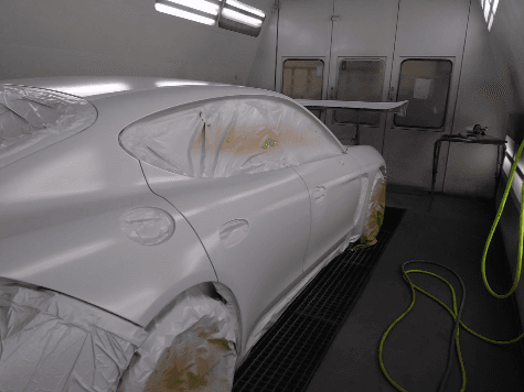 Porsche Panamera in the paint booth.