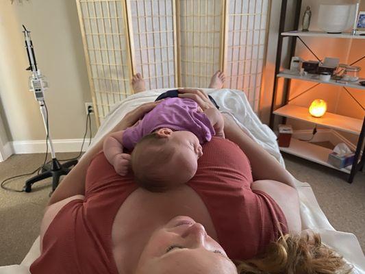 Postpartum person getting self care