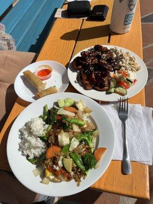 Spring rolls, chicken katsu, vegetable lo mein