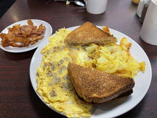 Sausage and cheese omelette.