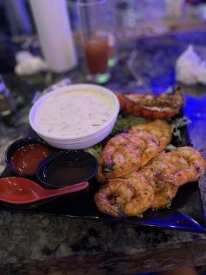 Shrimp with lobster tail , and clam chowder