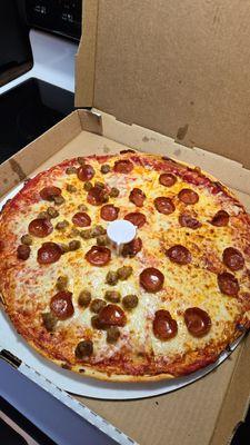 16 inch Pepperoni and half sausage pizza