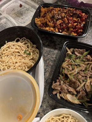 Spicy beef noodle soup (numbing), cumin beef, chong qing chicken.