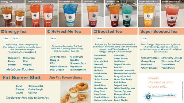 Updated menau board of all of our ReFreshMe, Boosted and Super Boosted Teas! Mobile Ordering available too.