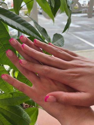 French Manicure, square shape with hot pinks tips and shade bubble bath for base