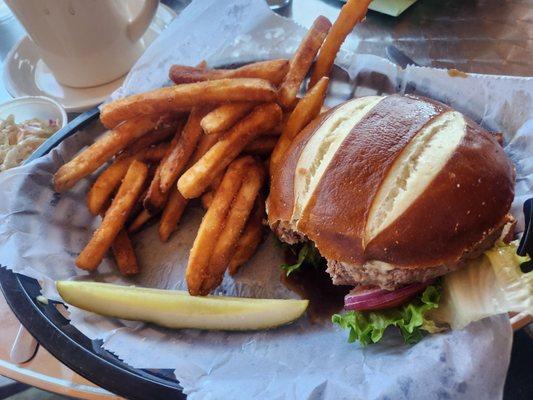 The bare knuckle burger with fries.